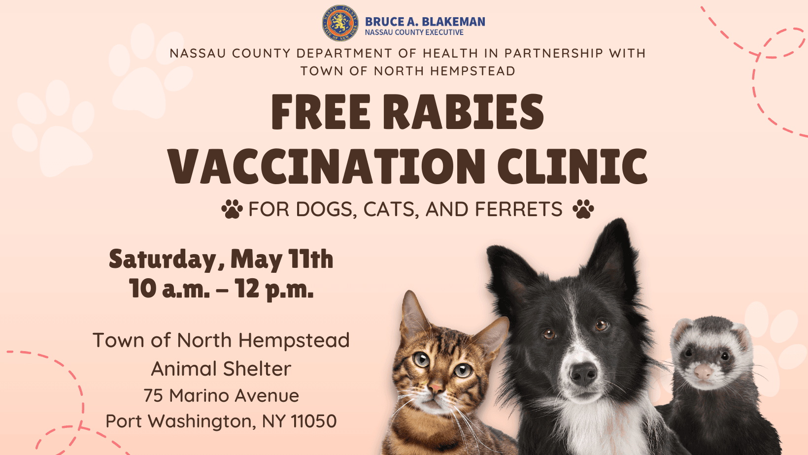 Free Rabies Vaccination Clinic: 5/11/24 10AM-12PM at The Town of North Hempstead Animal Shelter