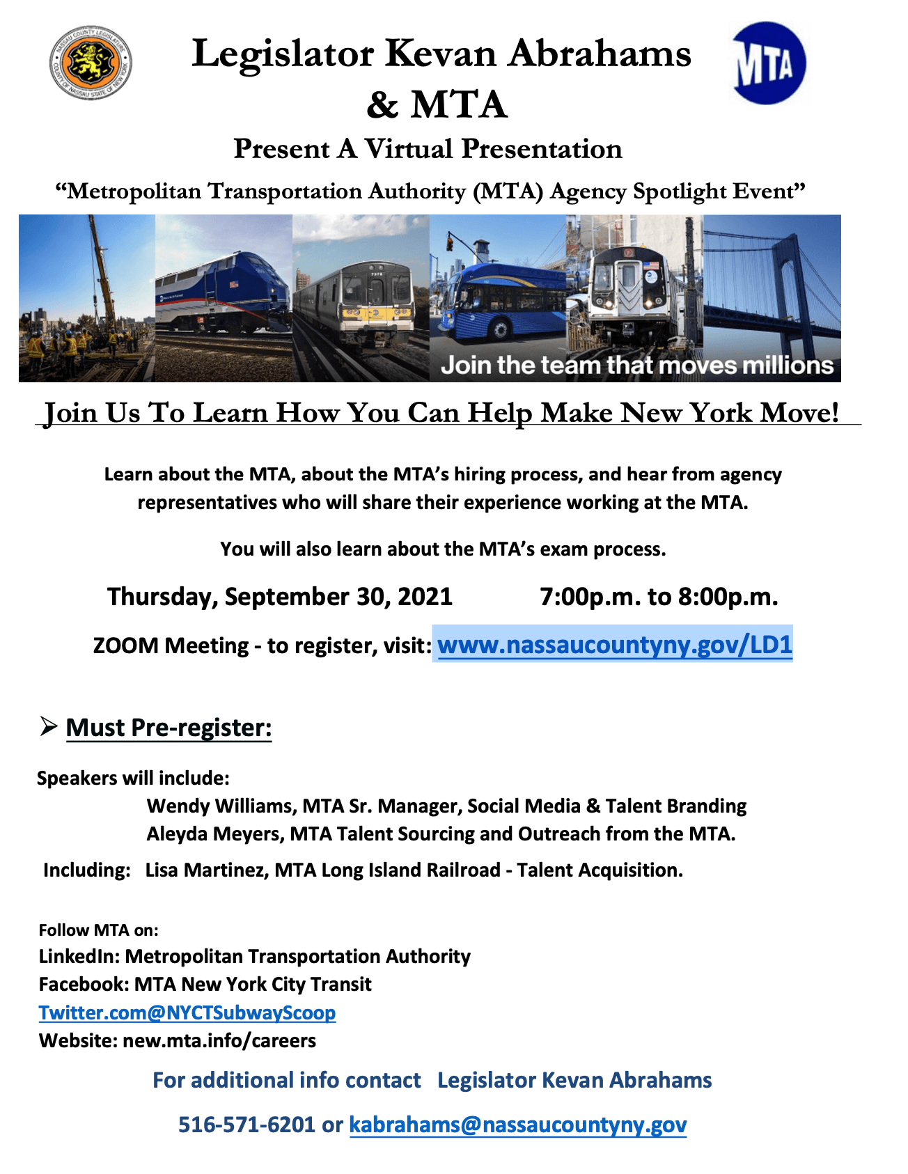 Legislator Kevan Abrahams, Metropolitan Transportation Authority (MTA)  Invite Residents to Attend U