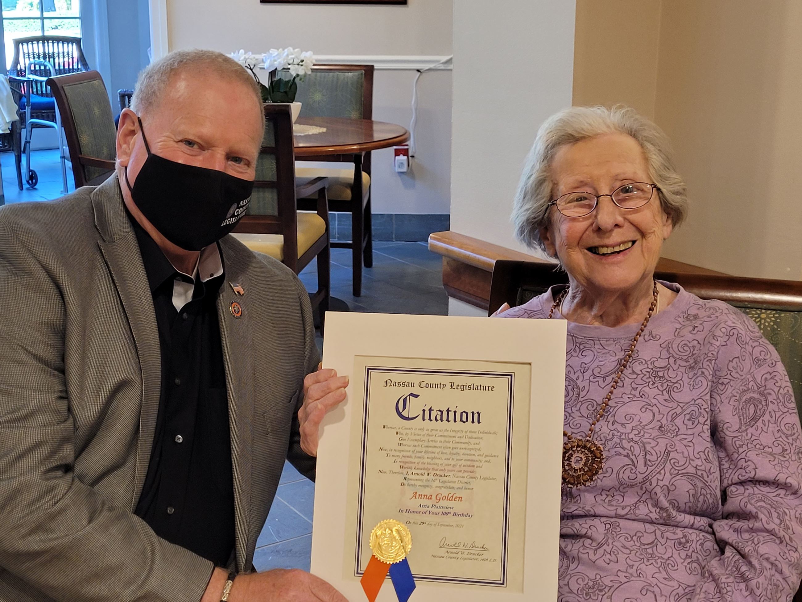 Legislator Arnold W. Drucker Celebrates Plainview Resident  Anna Golden’s 100th Birthday 