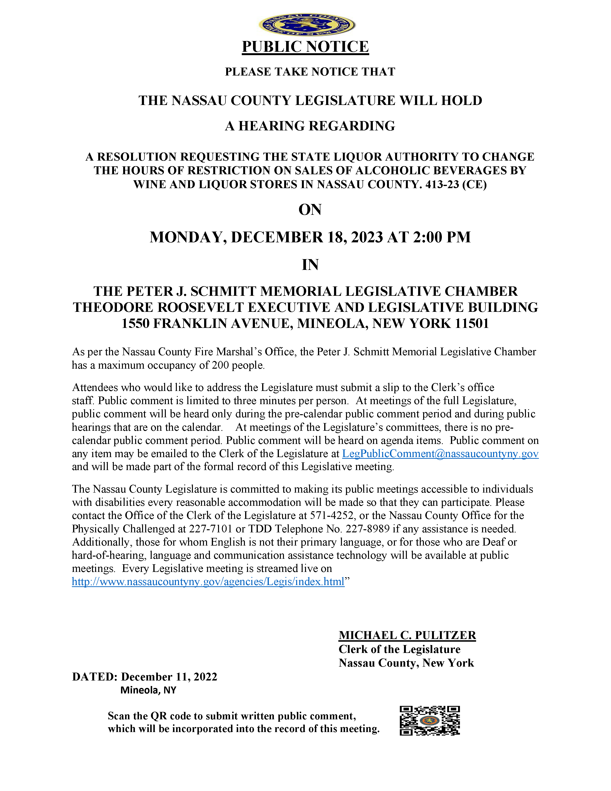 The County Legislature will hold a hearing regarding a resolution for the state liquor authority. Opens in new window