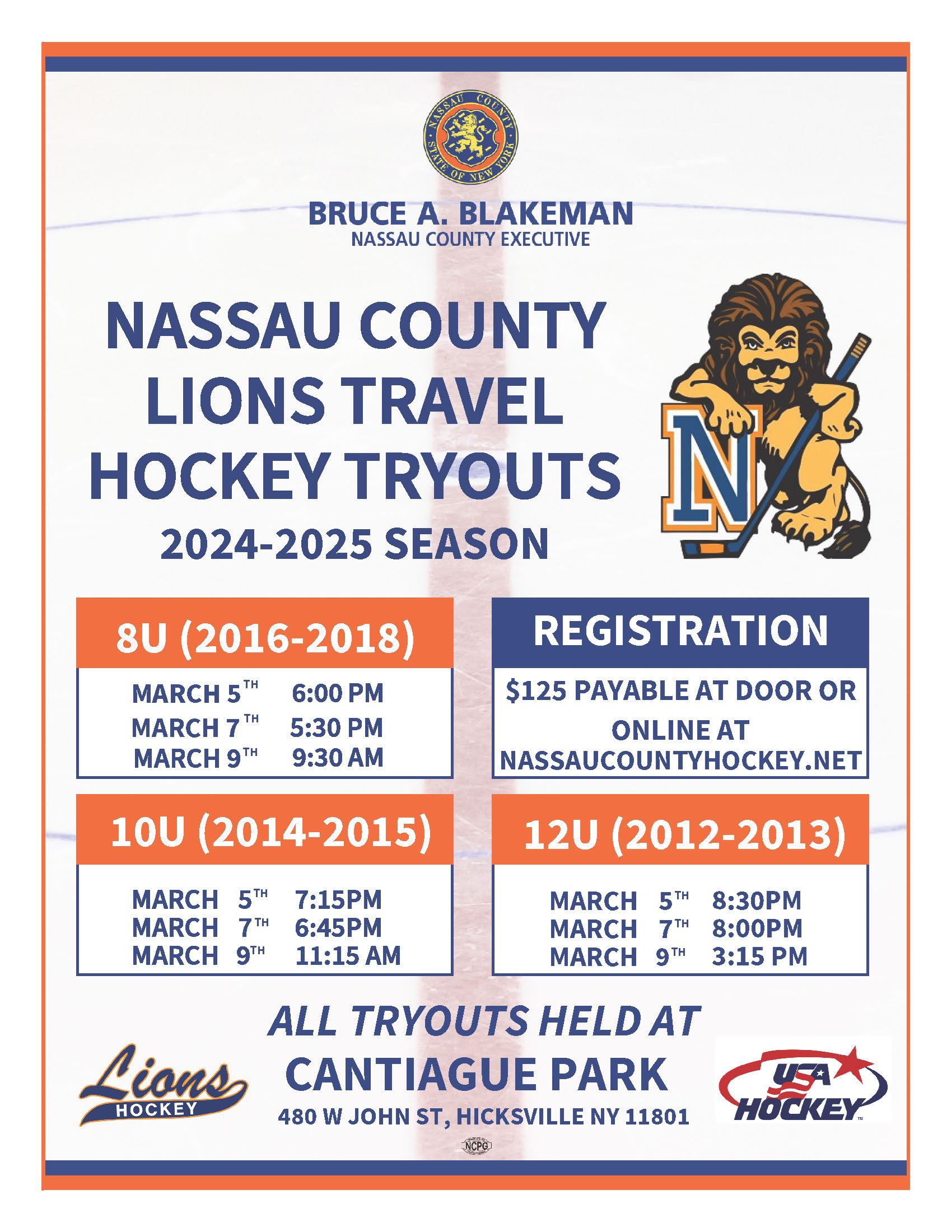 Nassau County Lions Travel Hockey Tryouts March 5th, 7th and 9th at Cantiague Park